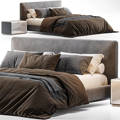 Modern Double Bed With Gray Headboard Brown Blanket And Gray Beige Decorative Pillows 3d model