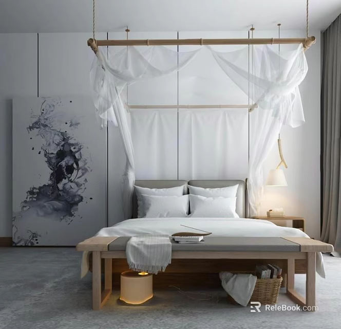 Background Double Bed With White Canopy Wooden Frame And Abstract Painting On Gray Floor 3d model 