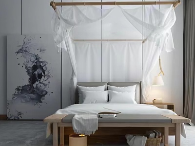 Background Double Bed With White Canopy Wooden Frame And Abstract Painting On Gray Floor 3d model