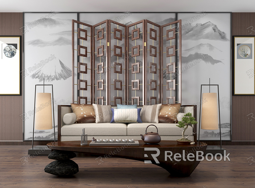 New Chinese-style Double Sofa Sofa Coffee Table model