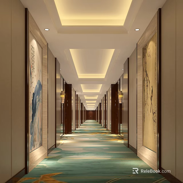 Hotel Corridor Interior Design With Long Passage Decorative Artworks And Ceiling Lighting 3d model