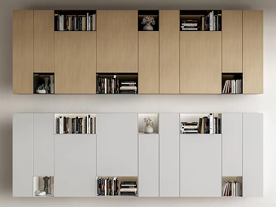 Modern Wooden And White Bookcase Design With Cabinet Doors Open Compartments And Decorative Items 3d model