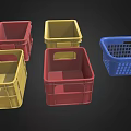 Colorful Plastic Baskets With Red Yellow Blue Square And Grid Patterns