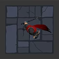 Game Movie Character Armored Warrior With Red Cape Standing On Stone Tiles Holding Glowing Weapon
