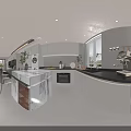 Modern Warm Tone Living And Dining Room With Leather Sofa And Full Wall Storage Cabinets