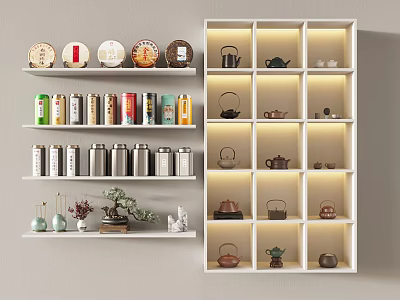 Elegant Tea Ware Collection with Teapots Tea Cakes and Tea Caddies on Illuminated White Shelves 3d model