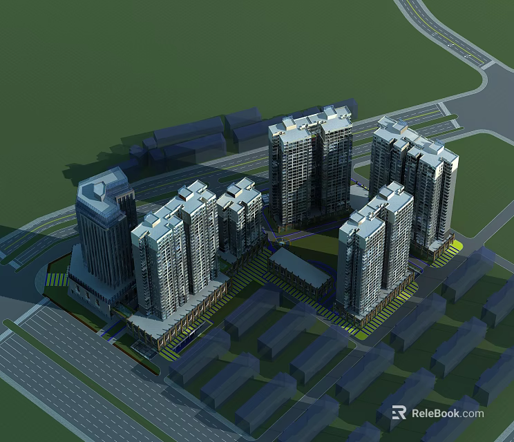 Birds Eye View Urban Planning with Modern High Rise Residential Buildings and Layout 3d model 