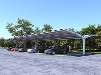 Tensile Membrane Carport Structure For Outdoor Parking With Parked Cars And Green Trees 3d model