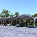 Tensile Membrane Carport Structure For Outdoor Parking With Parked Cars And Green Trees