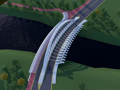 Modern Curved Bridge Design With River Green Grass And Trees Landscape 3d model