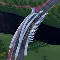 Modern Curved Bridge Design With River Green Grass And Trees Landscape