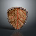 Vintage Wooden Shield With Red Striped Pattern And Decorative Metal Rim