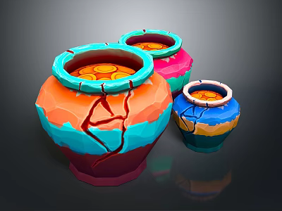 Three Colorful Cracked Ceramic Sculptures Vibrant Pottery Vessels With Gold Coin Details Inside 3d model