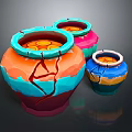 Three Colorful Cracked Ceramic Sculptures Vibrant Pottery Vessels With Gold Coin Details Inside