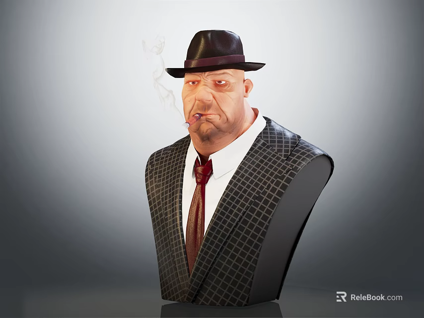 Male Human Character Bust With Black Fedora Plaid Suit Red Tie Smoking Cigarette 3d model 
