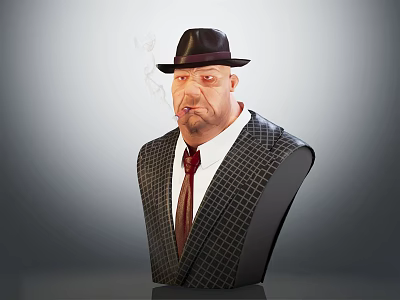 Male Human Character Bust With Black Fedora Plaid Suit Red Tie Smoking Cigarette 3d model