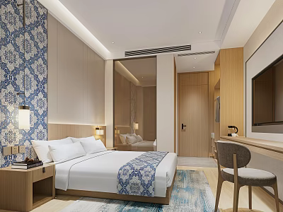 Modern Hotel Guest Room With King Bed Blue White Patterned Decor Wooden Furniture And TV 3d model