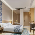 Modern Hotel Guest Room With King Bed Blue White Patterned Decor Wooden Furniture And TV