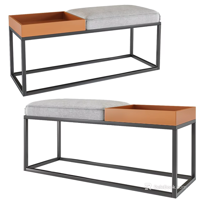 Stylish Ottoman With Metal Frame Gray Padded Seat And Brown Storage Section 3d model 