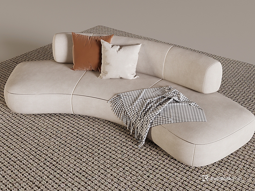 Curved Light Beige Upholstered Sofa With Brown White Pillows And Checkered Blanket On Patterned Carpet 3d model 