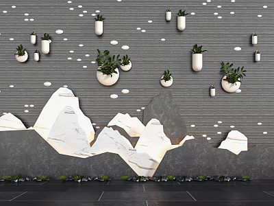 Courtyard Garden With Gray Wall White Dot Decorations White Planters Green Plants And Rock Formations 3d model