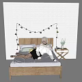 Silver White Haired Woman In White Lace Top Black Skirt On Bed With String Lights 3d model