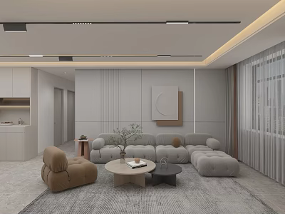 Modern Living Dining Room With Minimalist Gray Sofa Brown Armchair Round Coffee Table And Rug 3d model