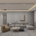 Modern Living Dining Room With Minimalist Gray Sofa Brown Armchair Round Coffee Table And Rug
