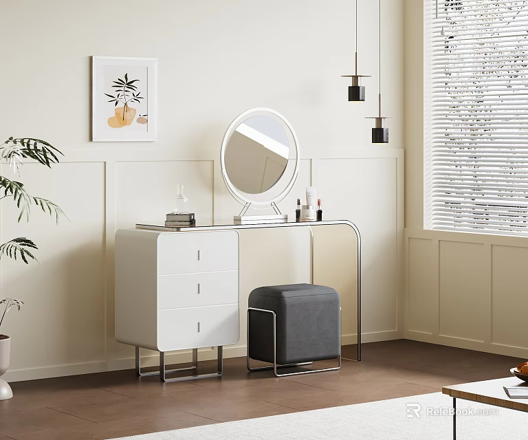 Modern White Dressing Table With Round Mirror Gray Stool Drawers And Metal Frame 3d model