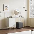 Modern White Dressing Table With Round Mirror Gray Stool Drawers And Metal Frame 3d model
