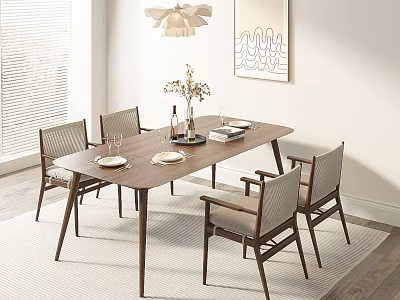 Modern Wooden Dining Table Set with Fabric Chairs Tableware Vase Pendant Light and Wall Art 3d model