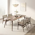Modern Wooden Dining Table Set with Fabric Chairs Tableware Vase Pendant Light and Wall Art