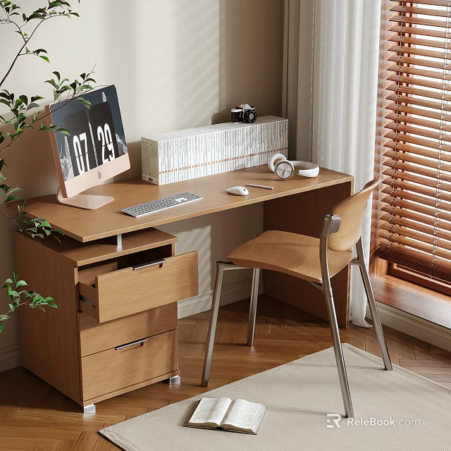 Wooden Desk with Drawers Monitor Keyboard Mouse Headphones Camera Books Chair Plant and Window Blinds 3d model 