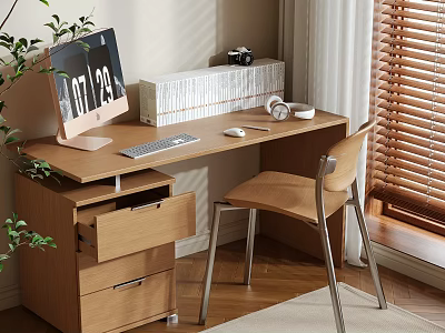 Wooden Desk with Drawers Monitor Keyboard Mouse Headphones Camera Books Chair Plant and Window Blinds 3d model