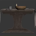Rustic Wooden Dining Table With Table Runner Candle Plates Cups And Fruit Bowl