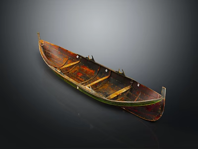 Vintage Wooden Boat With Aged Brown Hull Green Trim And Wooden Seats 3d model