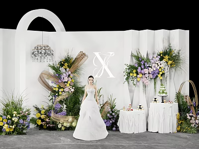 Wedding Sign In Area with Bride in White Dress Floral Decor White Arch and Chandelier 3d model