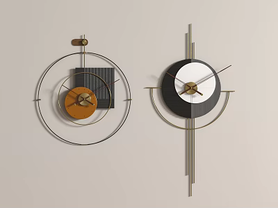 Modern Geometric Wall Mounted Clocks with Metallic Frames and Black Brown Accents 3d model