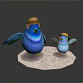 Blue Parent and Baby Birds Wearing Brown and Yellow Hats Standing on White Platform