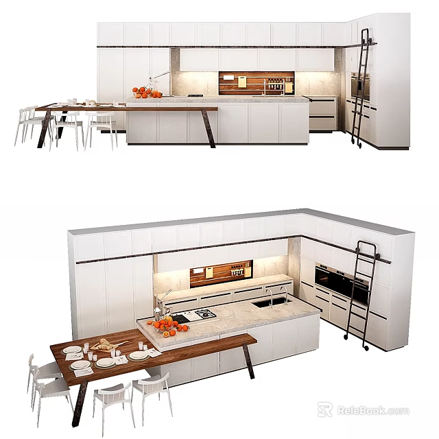 Modern Kitchen Interior With White Cabinets Island Counter And Dining Table 3d model
