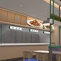 Bright Modern Restaurant Interior Featuring Glass Windows Green Railings Counter And Hanging Lights