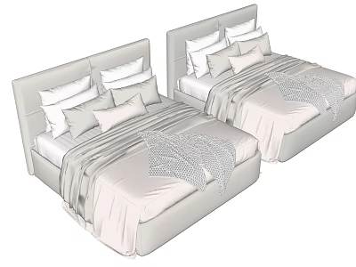 Two Modern Double Beds With Light Gray Headboards White Pillows And Gray Blankets 3d model