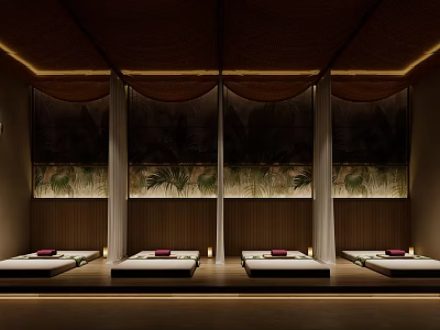 Serene SPA Sauna Interior With Wooden Panels Massage Beds Warm Lighting And Palm Decor 3d model
