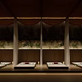 Serene SPA Sauna Interior With Wooden Panels Massage Beds Warm Lighting And Palm Decor