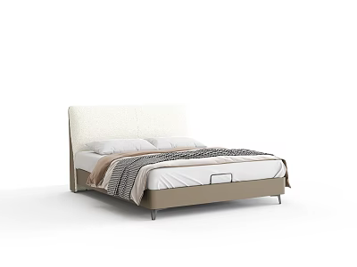 Modern Double Bed With White Upholstered Headboard Two Pillows Beige Mattress And Striped Blanket 3d model