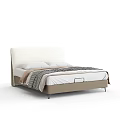 Modern Double Bed With White Upholstered Headboard Two Pillows Beige Mattress And Striped Blanket