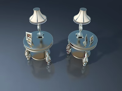Silver Pet Cabinet With Decorative Lamp And Small Cards On Table Top 3d model