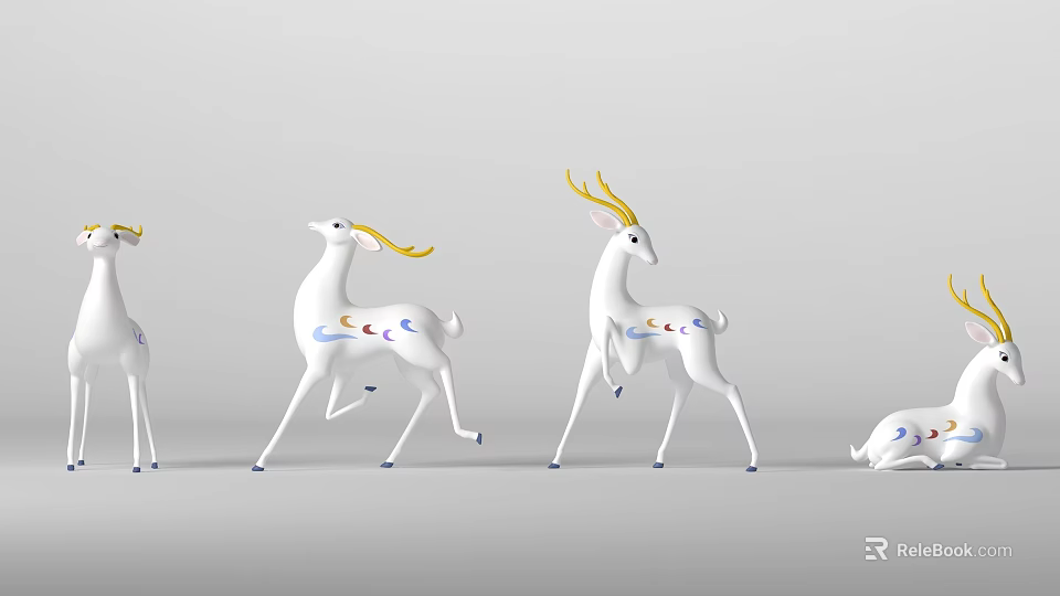 White Deer Figurines With Golden Antlers And Blue Patterns In Different Poses 3d model 