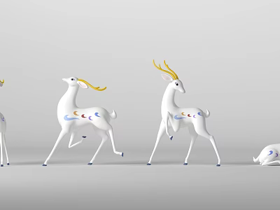 White Deer Figurines With Golden Antlers And Blue Patterns In Different Poses 3d model