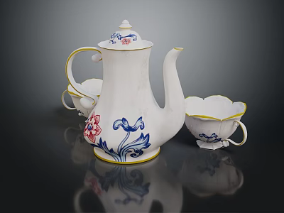 White Ceramic Tea Set With Blue Red Floral Patterns And Yellow Rim Teacups 3d model